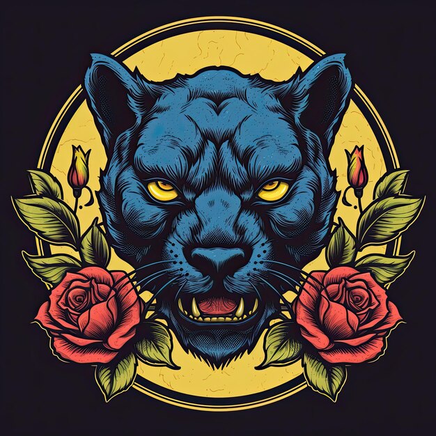 Black panther head with rose and flower in the style of vintage comic Generative AI