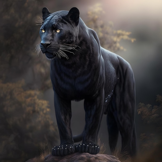 A black panther is standing on a rock with the light shining on its eyes.