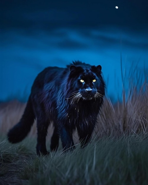 Foto una pantera nera sta camminando in un campo di notte.