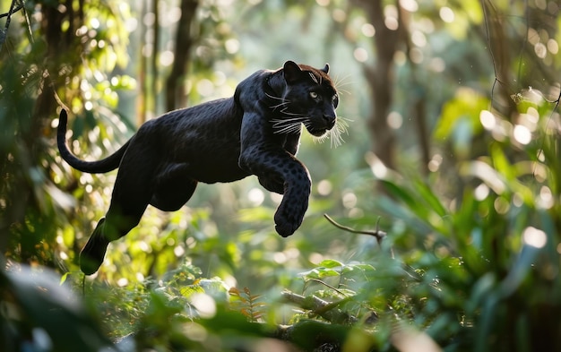 Черная пантера прыгает через джунгли.