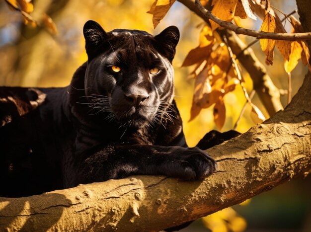 The black panther lies on a tree branch