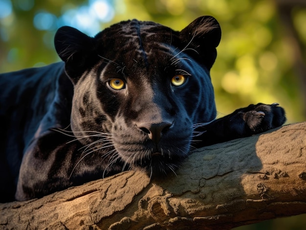 The black panther lies on a tree branch