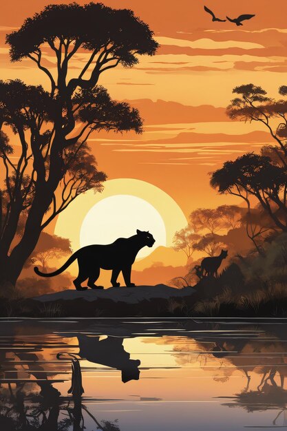 Black panther moonlit night illustration Generative AI