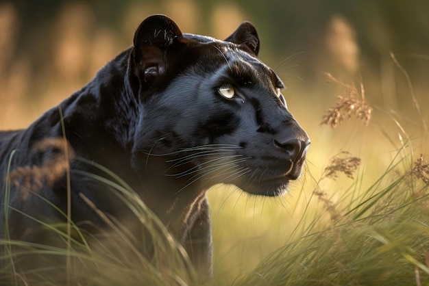 Foto pantera nera panthera leo nell'erba ia generativa
