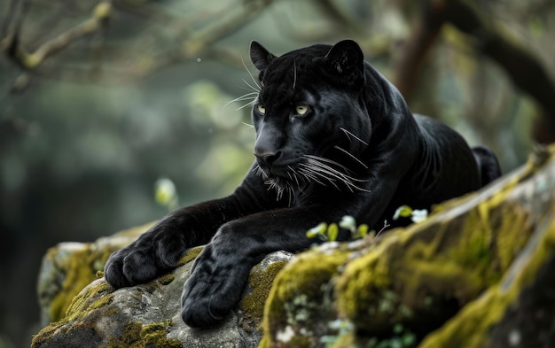 Black panther resting majestically on a moss covered rock