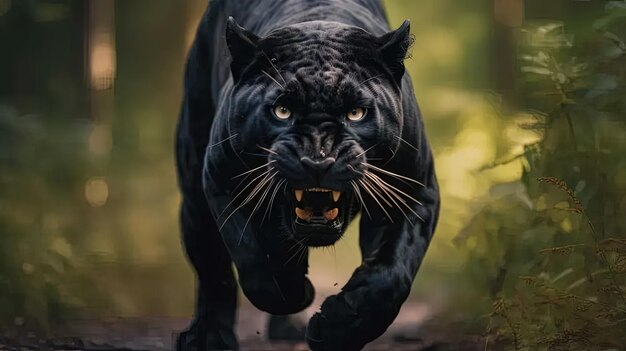 A black panther running through a forest
