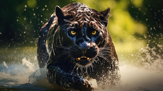 black panther running with rippling water by the forest in the style of photorealistic portraits