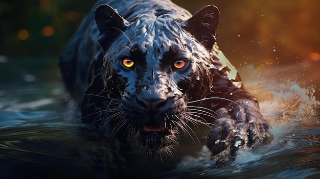 a black panther runs around in the water in the style of stefan gesell