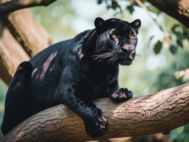 A black panther sitting on a tree branch generative ai image