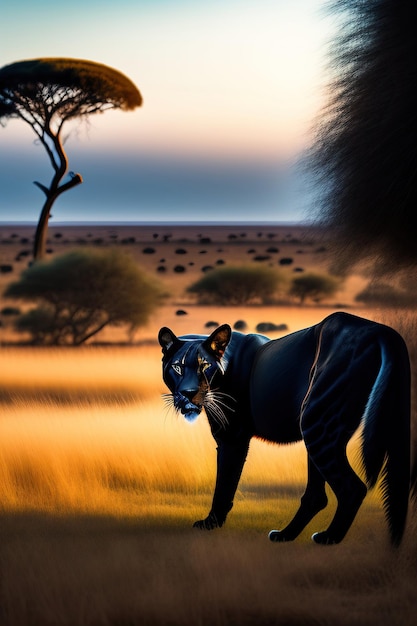 Foto pantera nera che insegue la preda nella savana