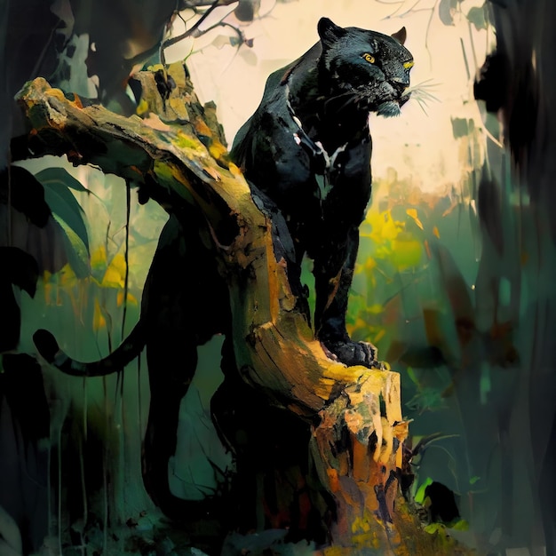 Black panther on a tree trunk Jungle background