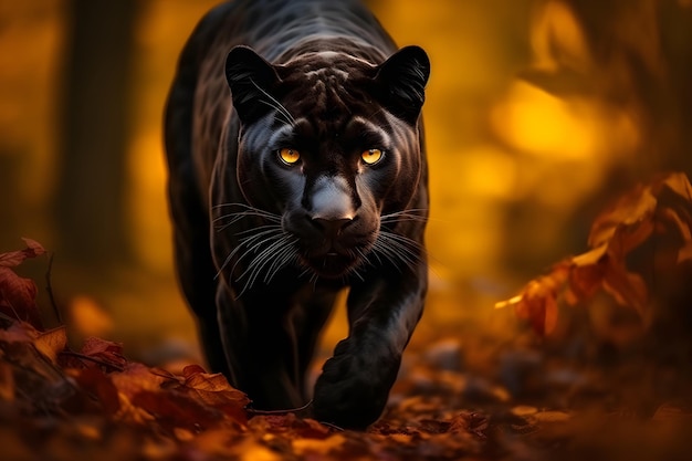 Black Panther walking in forest Close up portrait of a panthera with beautiful eyes and black fur