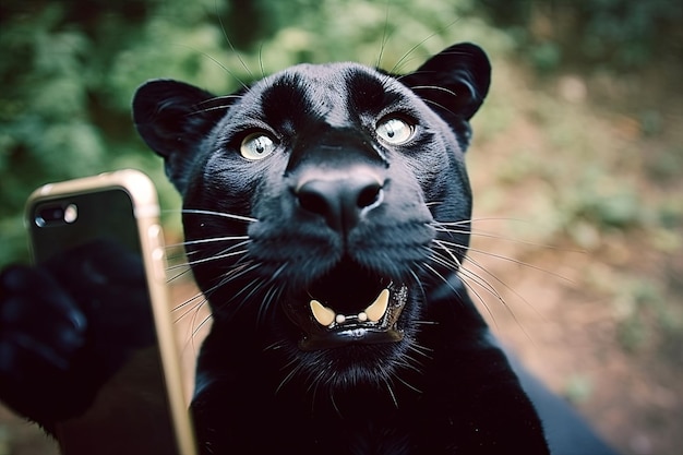 Black panther wild animal making a selfie with a smartphone illustration generative ai