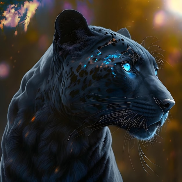 A black panther with blue eyes is looking at the camera.