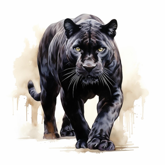 A black panther with blue eyes is on a white background