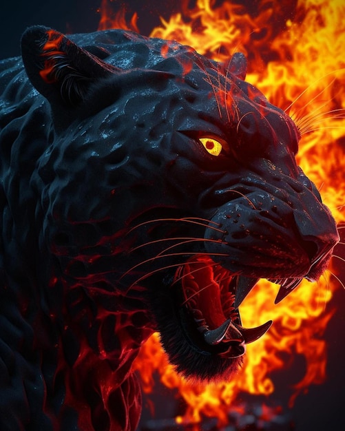 A black panther with orange eyes is in flames
