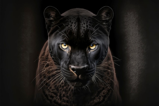 A black panther with yellow eyes is shown.