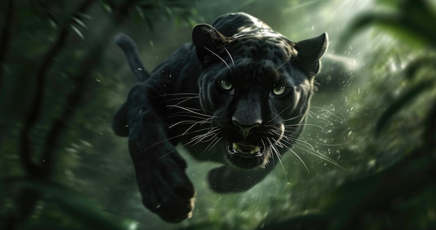 Черная пантера быстро бежит, олицетворяя скрытность и ловкость.