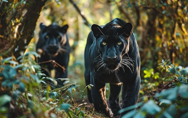 Photo black panthers silent approach through the thick underbrush