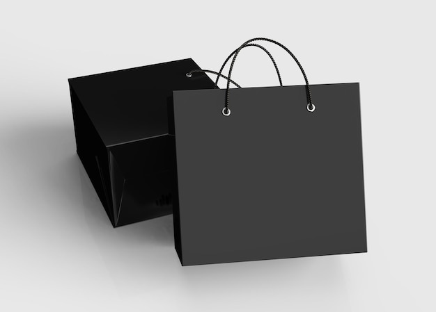 Black paper bags mockup laying down on the floor in 3d render