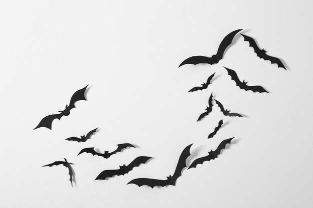 Photo black paper bats flying wall white