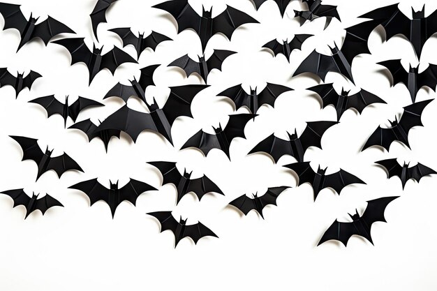 Черные бумажные летучие мыши летают над белым фоном для украшения Хэллоуина на страшную тему