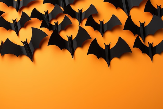 Black paper bats on orange background as a Halloween decoration idea