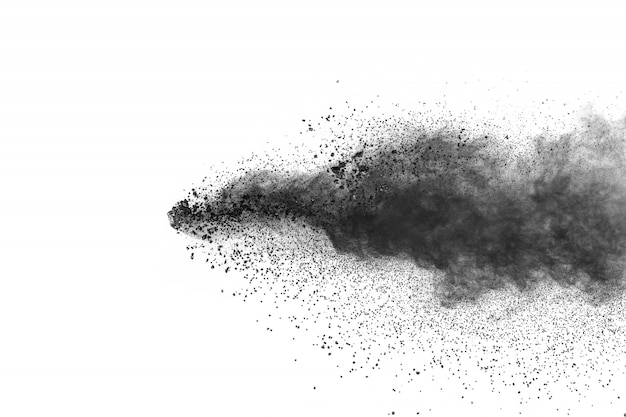 Black particles splatter on white background. Black powder dust burst.