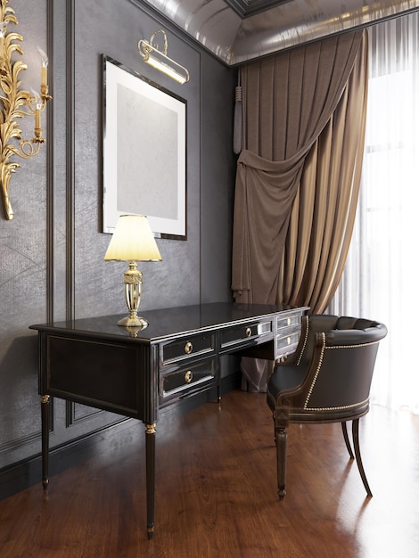 Black patent leather desk with leather armchair in antique design interior. 3D rendering.