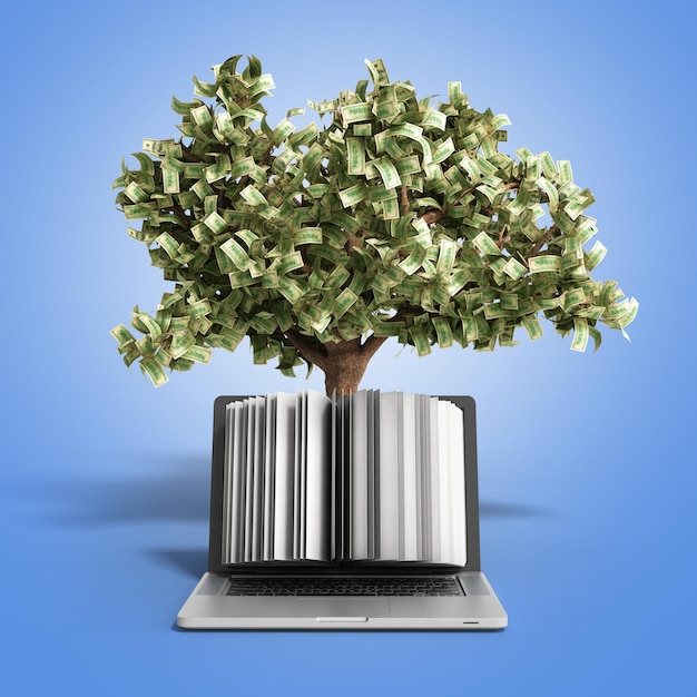 Photo black pc with money tree on gradient background 3d render success knowlage concept