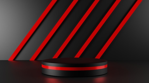 black pedestal scene with red strip, 3d podium stand for product presentation, empty stage display.