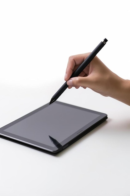 Photo black pen mouse and touch tablet with hand isolate on white background