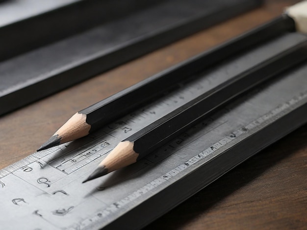 검은색 테이블에 있는 회색 강철 통치자 근처의 검은 연필