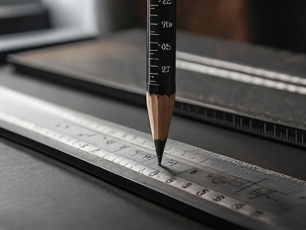 Black Pencil Near Grey Steel Ruler at the black table