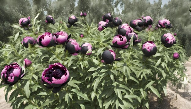 Black peony flower on the plant