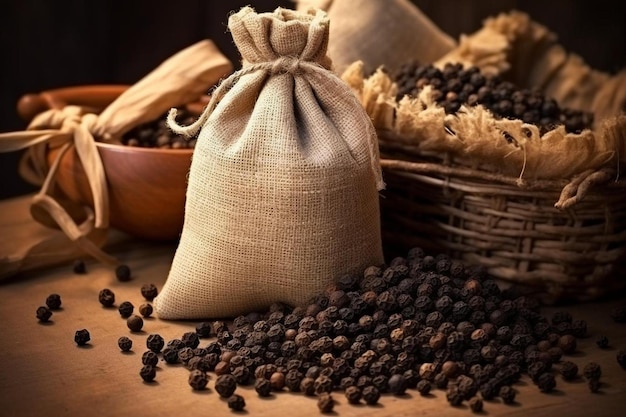 Photo black pepper in bow on wooden table pile of ground black pepper