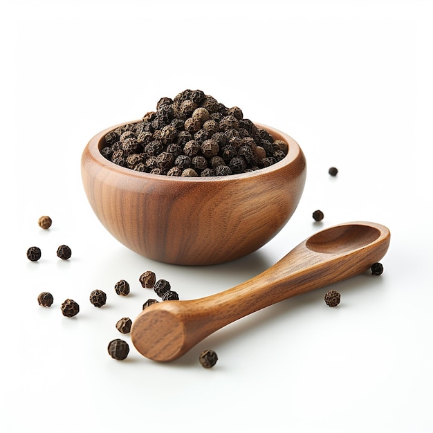 Black pepper seeds wooden bowl and glass bowls