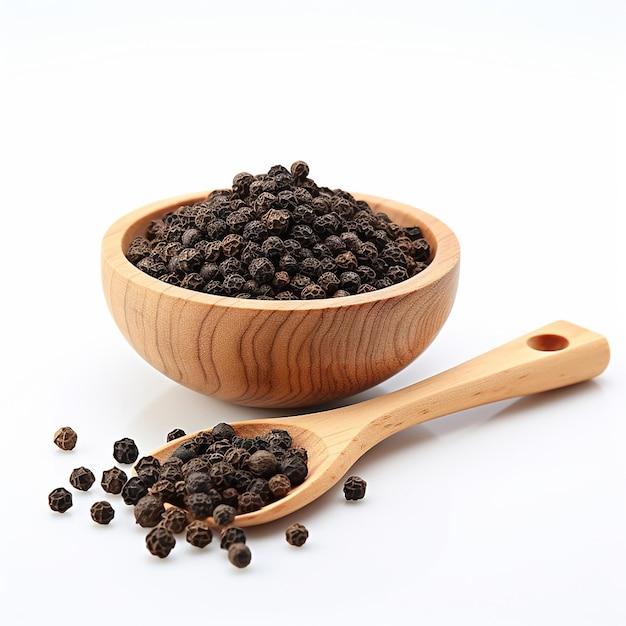 Black pepper seeds wooden bowl and glass bowls