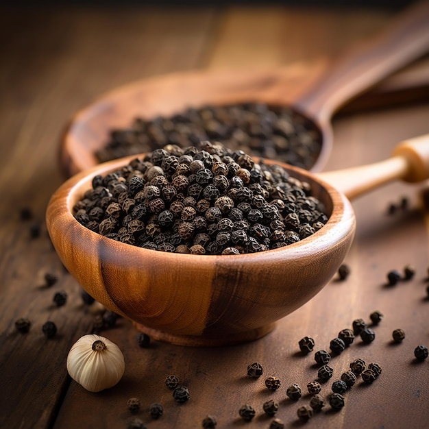 Black pepper seeds wooden bowl and glass bowls