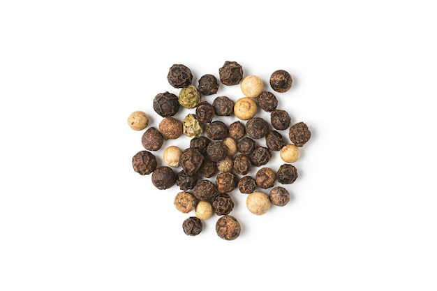 Black peppercorns (Black pepper) in wooden bowl isolated on white background. Top view.