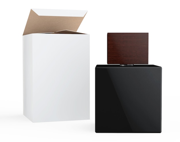 Black Perfume Bottle and Package Box on a white background