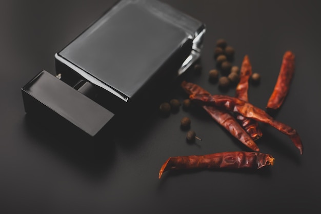 Black perfume bottle and pepper