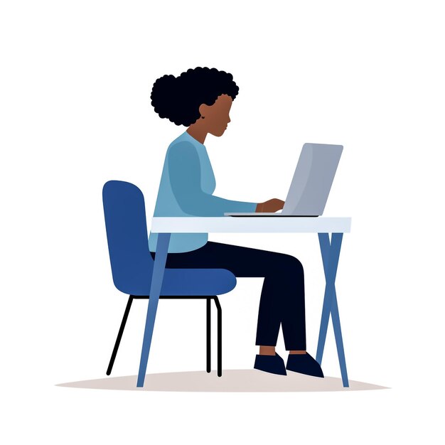 Photo black person chatting on a smartphone sitting at the desk happy freelancer or office female working remotely use a laptop flat vector illustration isolated on white background