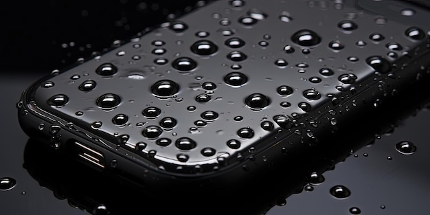 black phone case with water drops sitting on it a surface in the style of hyperrealistic details