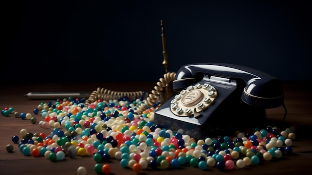 A black phone is surrounded by colorful beads and a black phone.