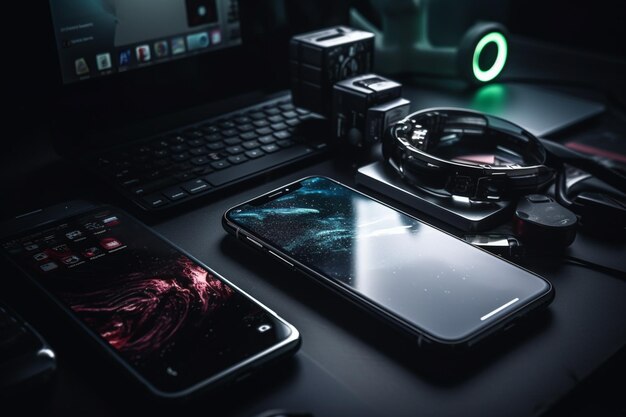 A black phone is on a table next to a black keyboard and a black keyboard.