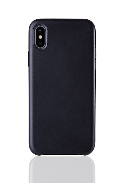 Photo black phone leather case on white