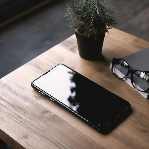 A black phone sits on a wooden table next to a book and glasses.