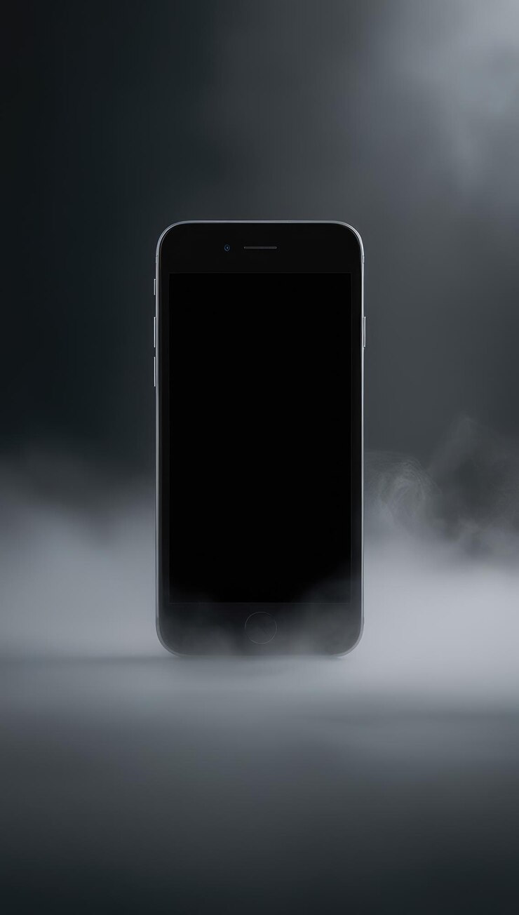 a black phone with a black screen that says phone on it