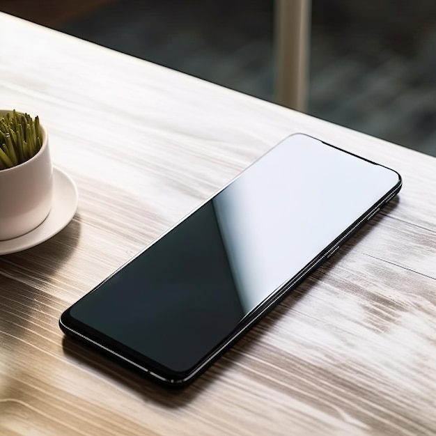 A black phone on a wooden table next to a cup of coffee.